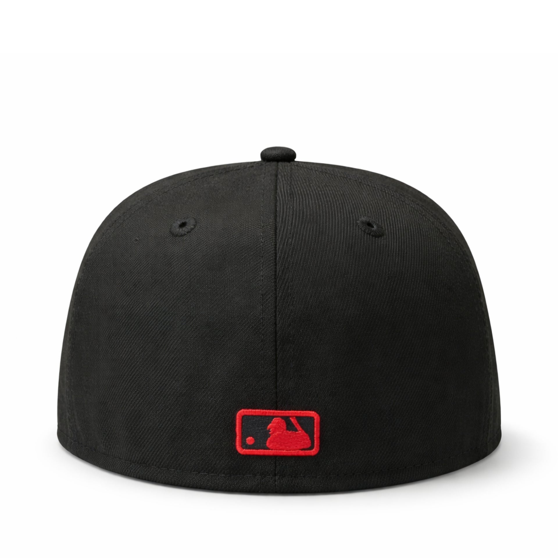 back view of New Era Los Angeles Angels Black Red Halo Upside Down 50th Anniversary 59FIFTY Fitted Hat