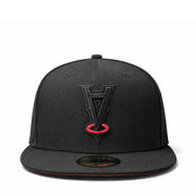 front view of New Era Los Angeles Angels Black Red Halo Upside Down 50th Anniversary 59FIFTY Fitted Hat