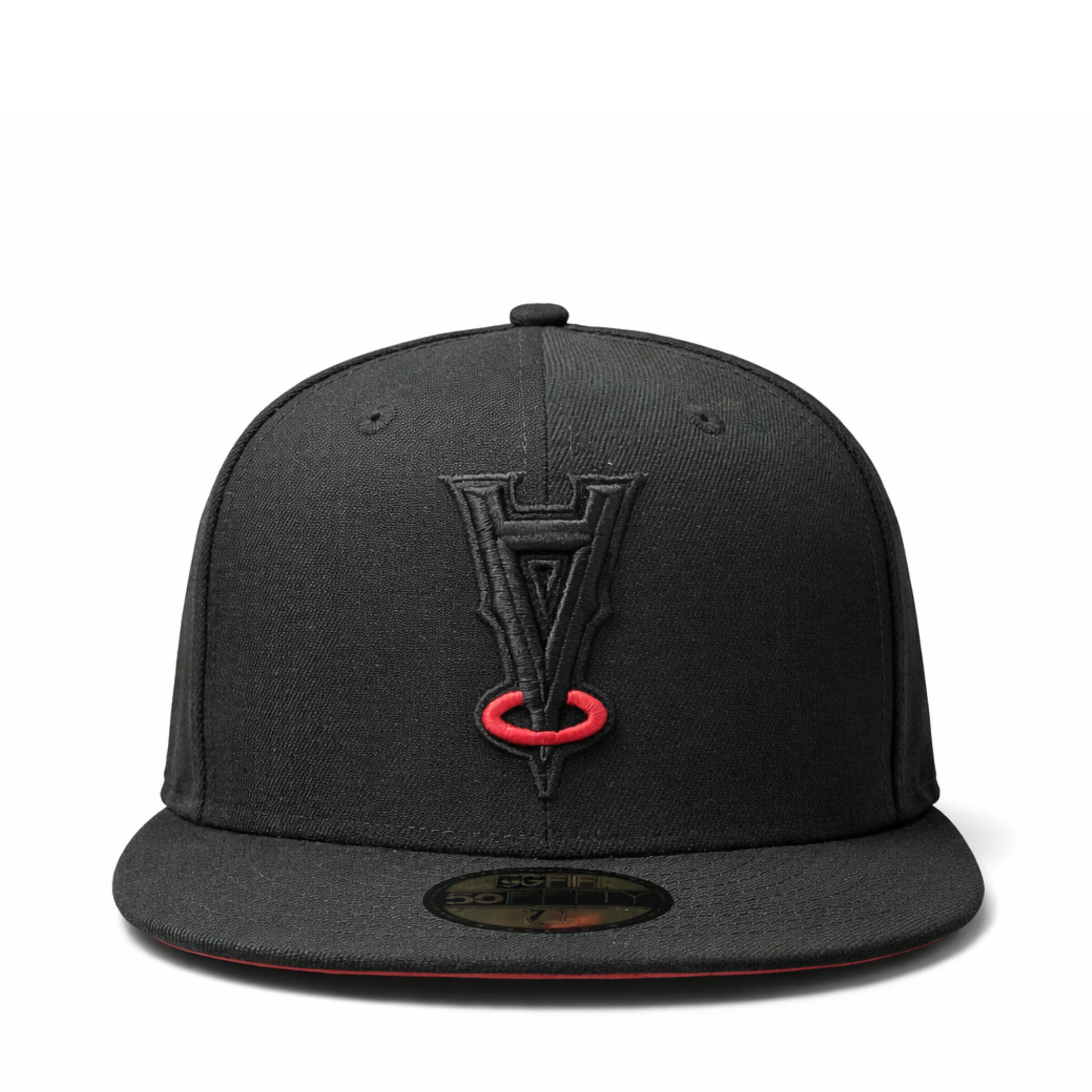 front view of New Era Los Angeles Angels Black Red Halo Upside Down 50th Anniversary 59FIFTY Fitted Hat
