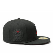 side patch of New Era Los Angeles Angels Black Red Halo Upside Down 50th Anniversary 59FIFTY Fitted Hat