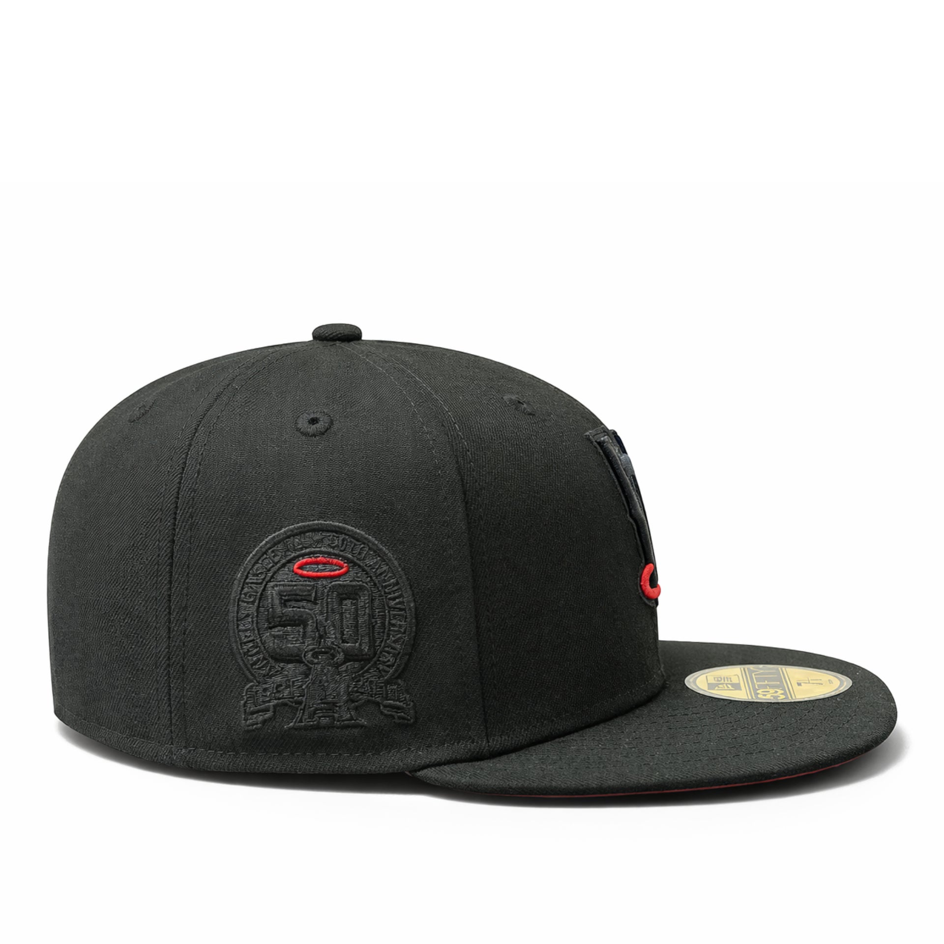 side patch of New Era Los Angeles Angels Black Red Halo Upside Down 50th Anniversary 59FIFTY Fitted Hat