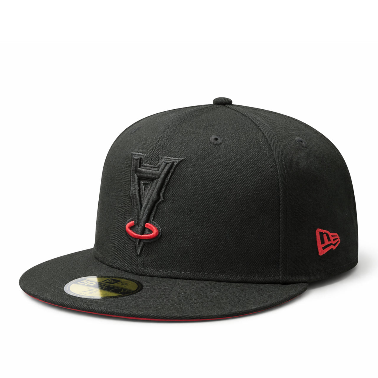 side of New Era Los Angeles Angels Black Red Halo Upside Down 50th Anniversary 59FIFTY Fitted Hat