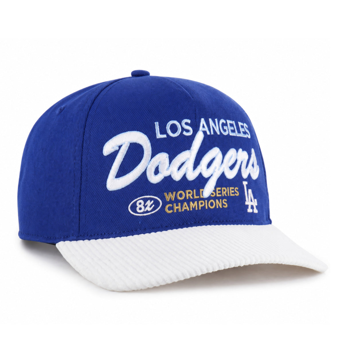 Los Angeles Dodgers 8x World Series Champions blue snapback hat with white corduroy visor front view