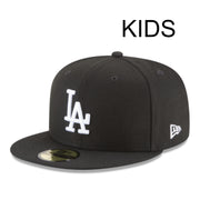 New Era Los Angeles Dodgers Black White Kids 59FIFTY Fitted Hat front left angled view