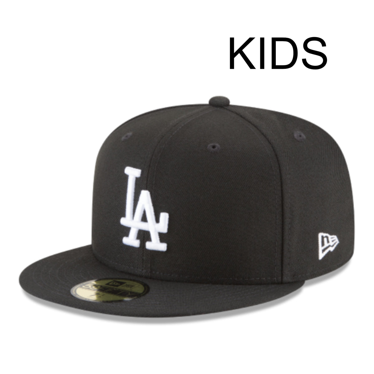 New Era Los Angeles Dodgers Black White Kids 59FIFTY Fitted Hat front left angled view