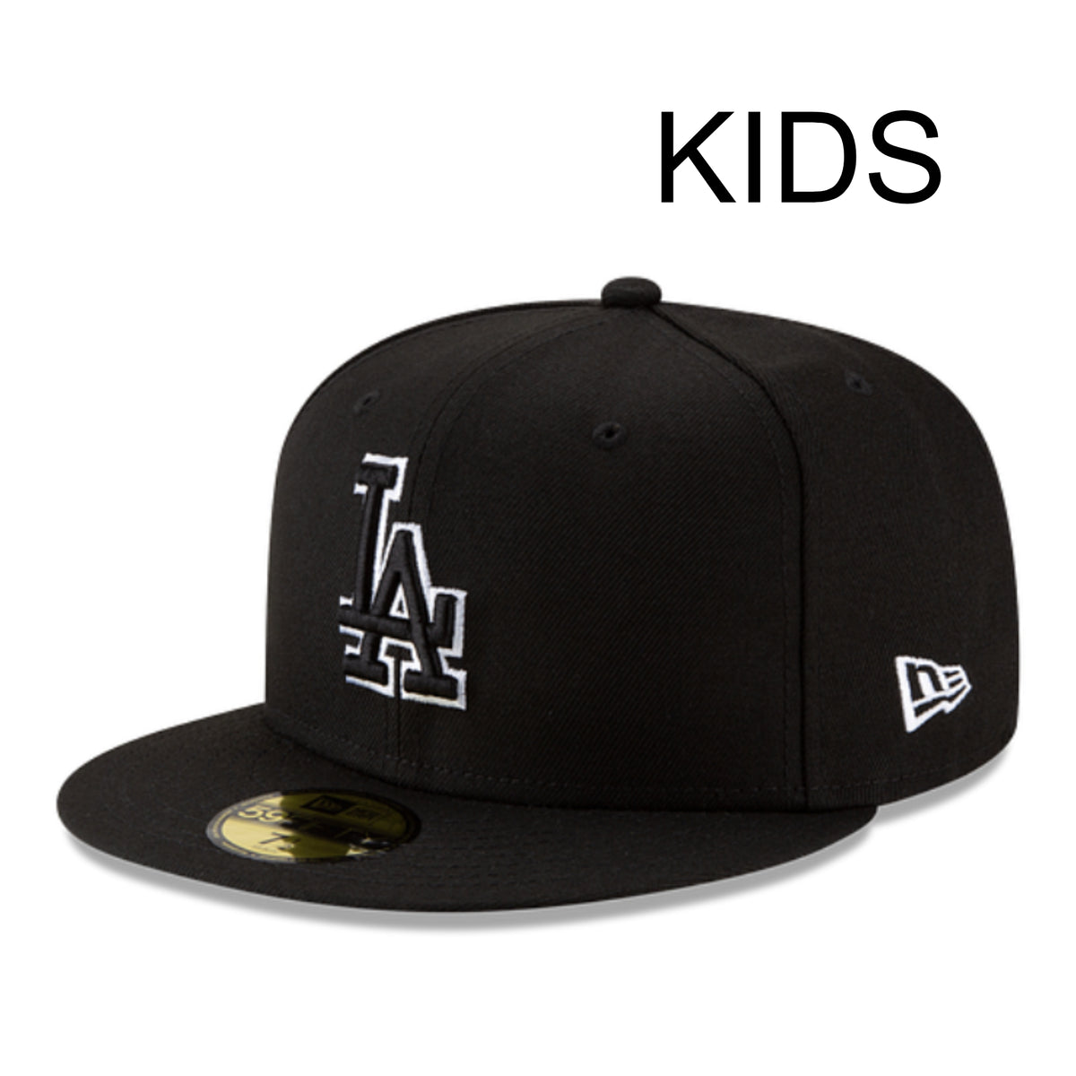 New Era Los Angeles Dodgers Black White Outline Kids 59FIFTY Fitted Hat front angled view
