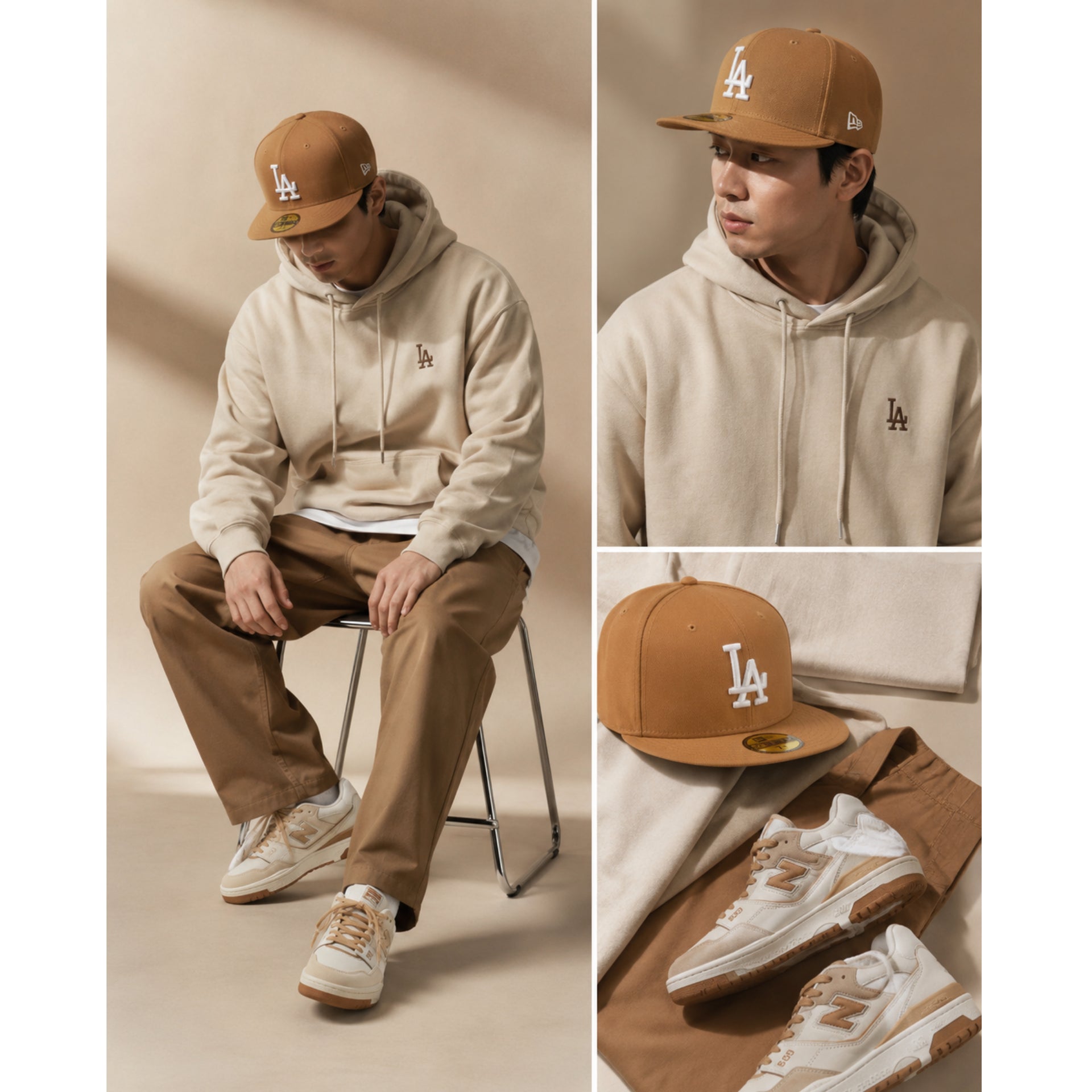 Person wearing a beige hoodie, brown pants, and white sneakers with a LA cap, sitting on a chair.