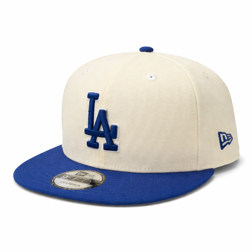 new era Baseball cap with blue and white los angeles dodgers la design on a white background