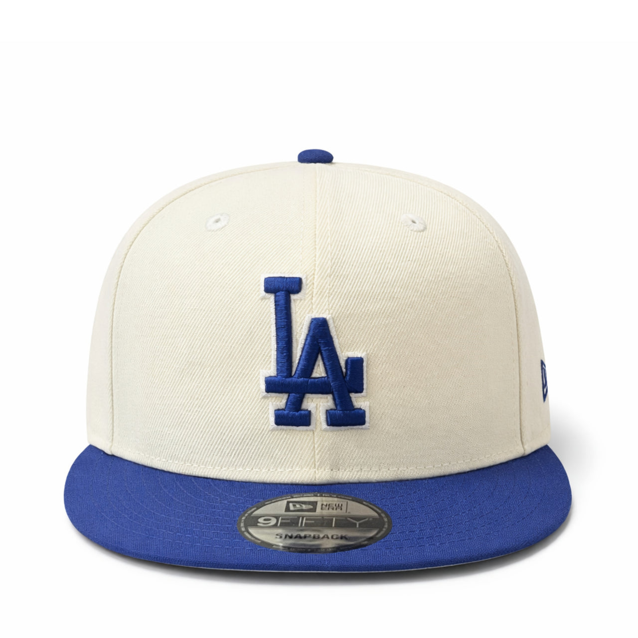 Beige and blue baseball cap with LA Dodgers logo on a white background