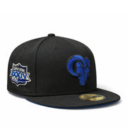 Black cap with blue los angeles rams baseball team logo and Super Bowl xxxiv logo side patch on a white background