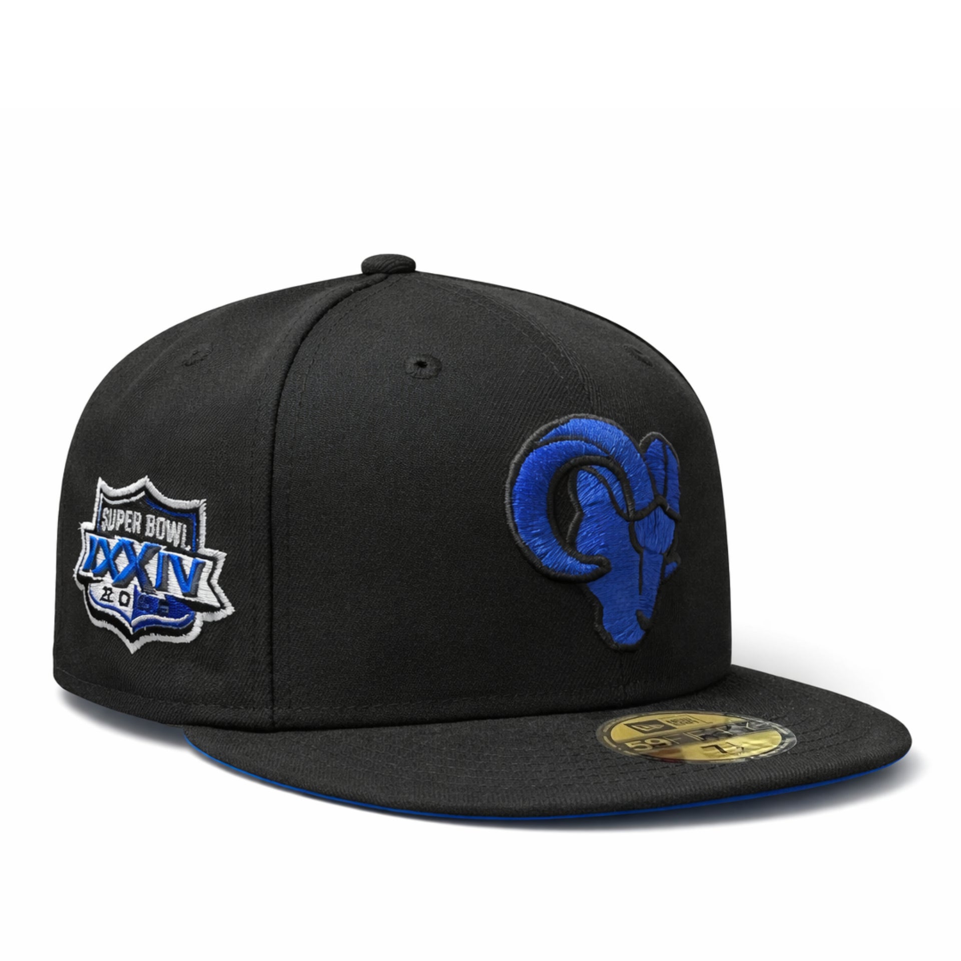 Black cap with blue los angeles rams baseball team logo and Super Bowl xxxiv logo side patch on a white background