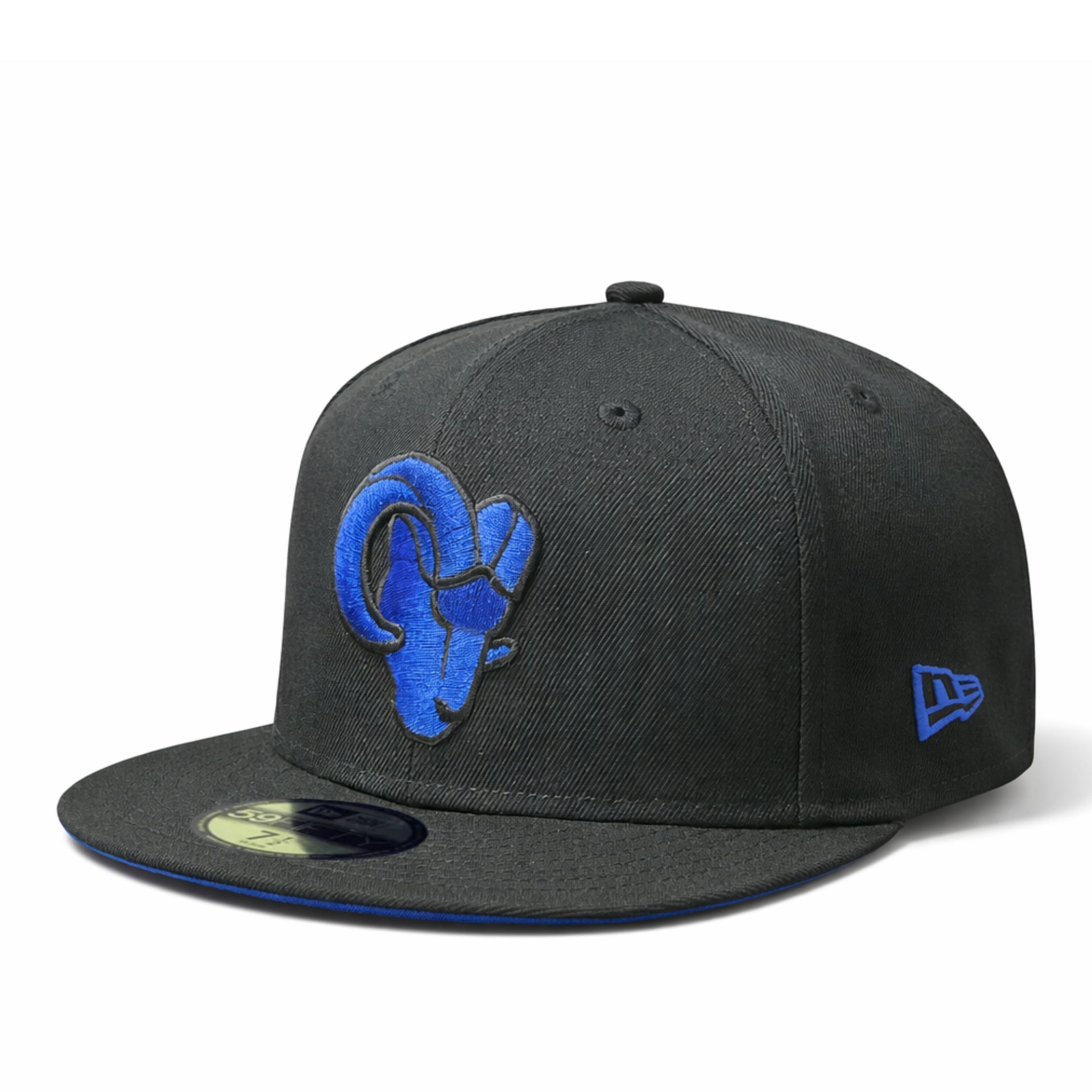 Black cap with blue los angeles rams  logo on a white background