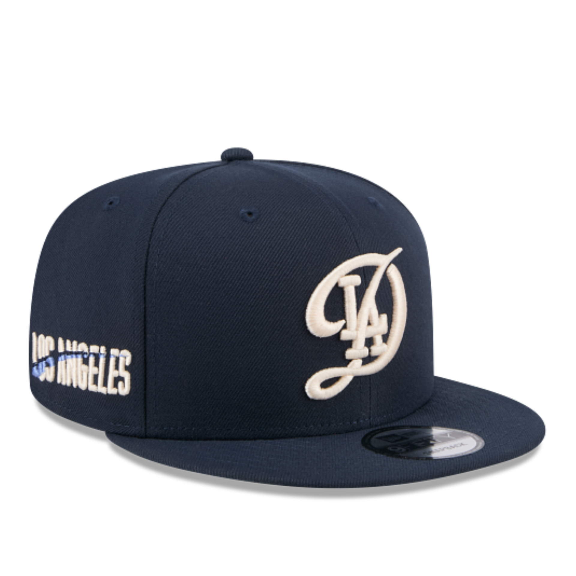 Right side of New Era Los Angeles Dodgers navy 2024 city connect 9fifty snapback hat