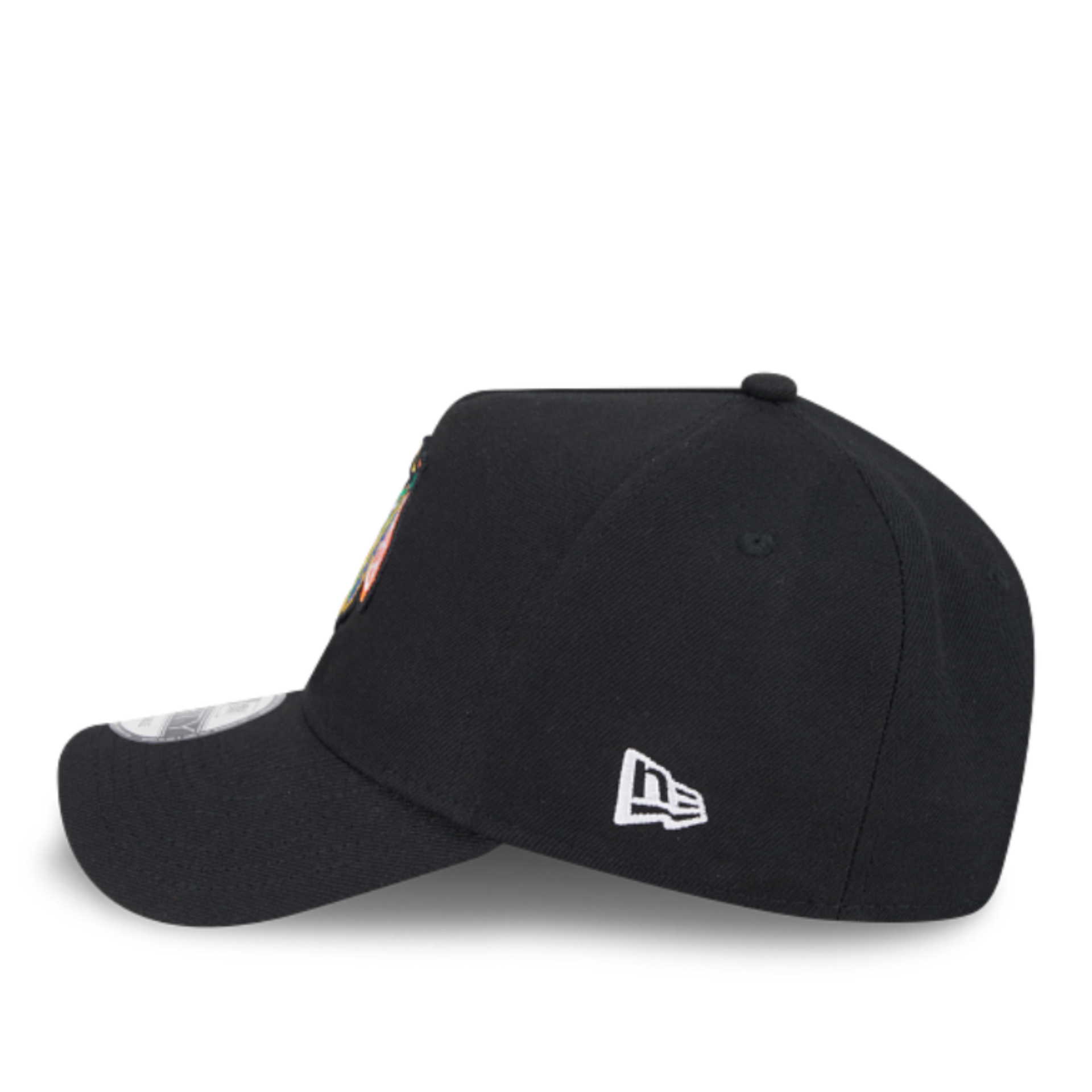 Side View of New Era Chicago Blackhawks Black A-Frame 9FORTY Snapback Hat