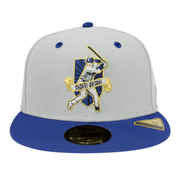 New Era 59FIFTY Shohei Ohtani Los Angeles Dodgers fitted hat in grey and royal blue, featuring embroidered Ohtani batting logo on the front, LA logo on the side, and gold detailing.