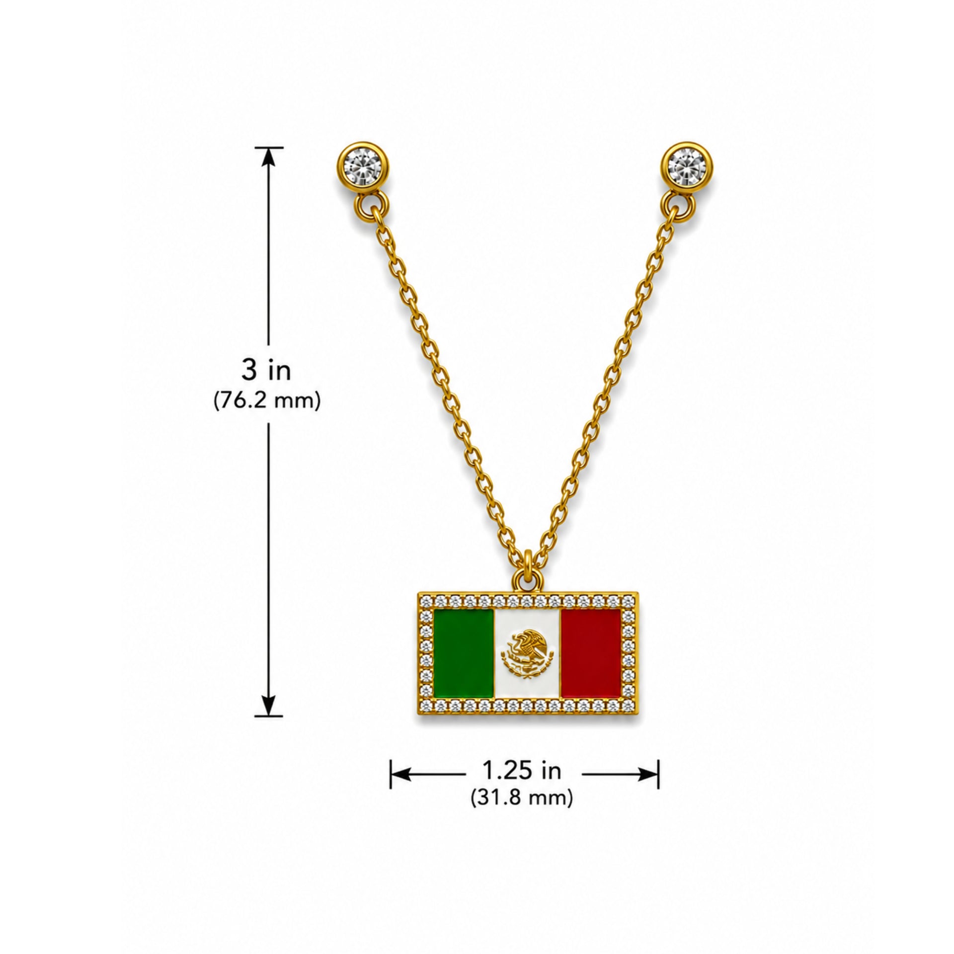 Mexico Flag Gold Chain Hat Pin size chart view