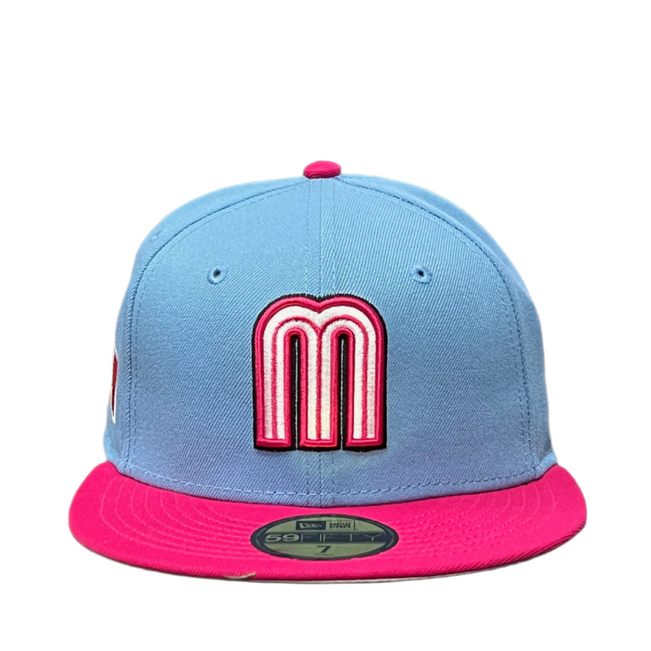 front of New Era Mexico Baseball Sky Blue Pink 59FIFTY Fitted Hat