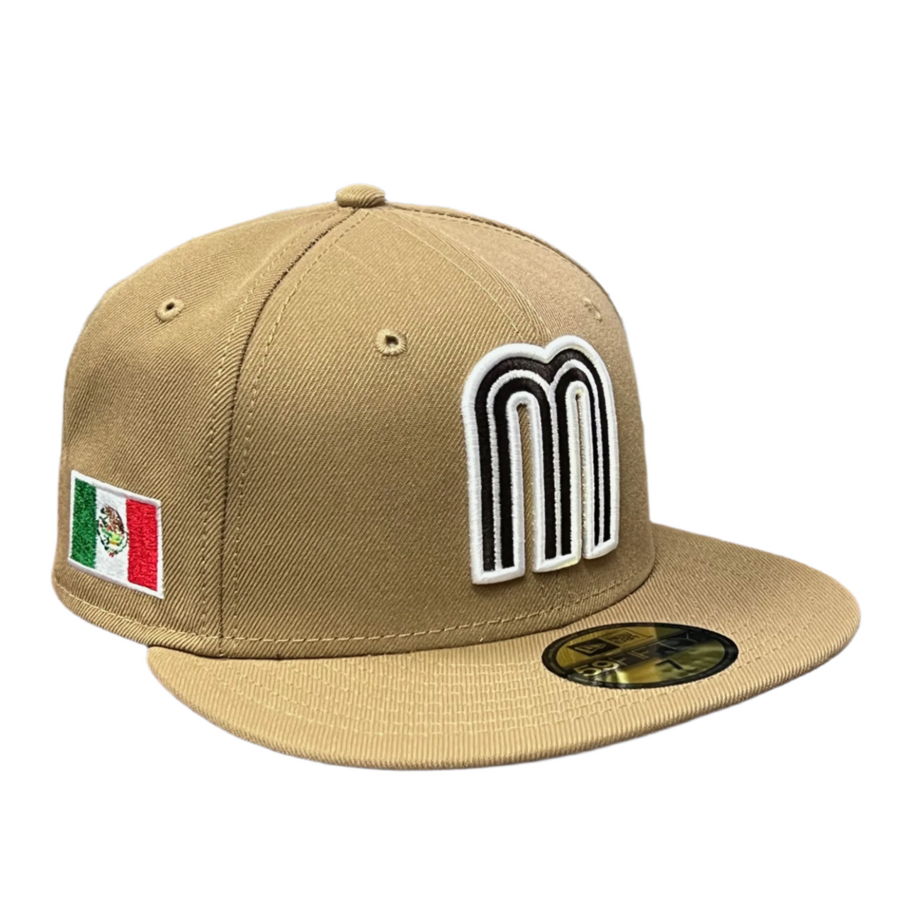 New Era Mexico Baseball Khaki 59FIFTY Fitted Hat with mexico flag patch on the side