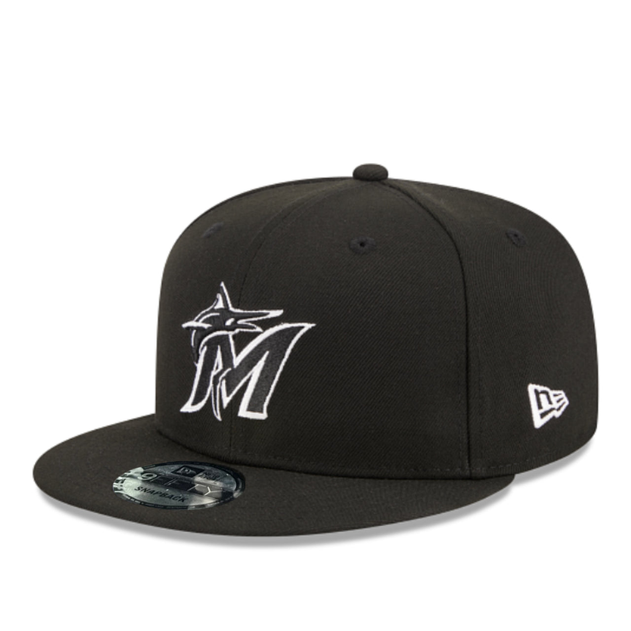 New Era Miami Marlins Black White 9FIFTY Snapback Hat angle view
