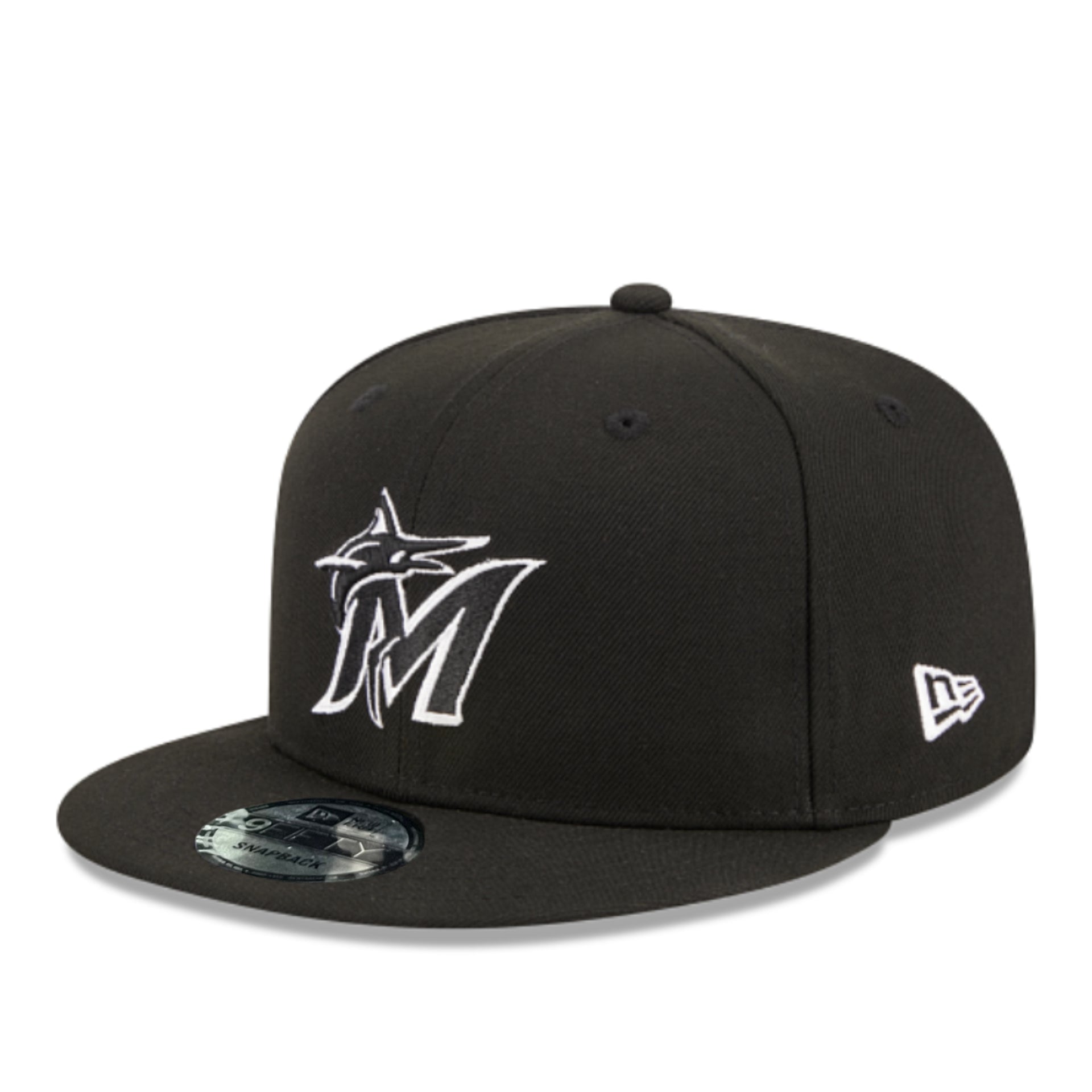 New Era Miami Marlins Black White 9FIFTY Snapback Hat angle view