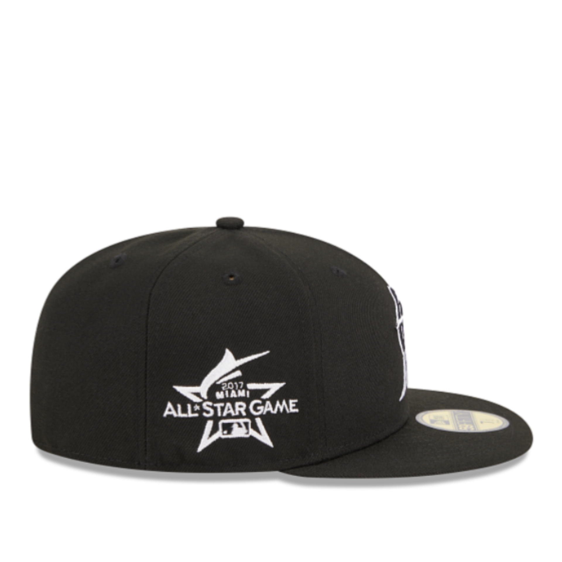 Side Patch View of New Era Miami Marlins ASG 2017 Black White 59FIFTY Fitted Hat