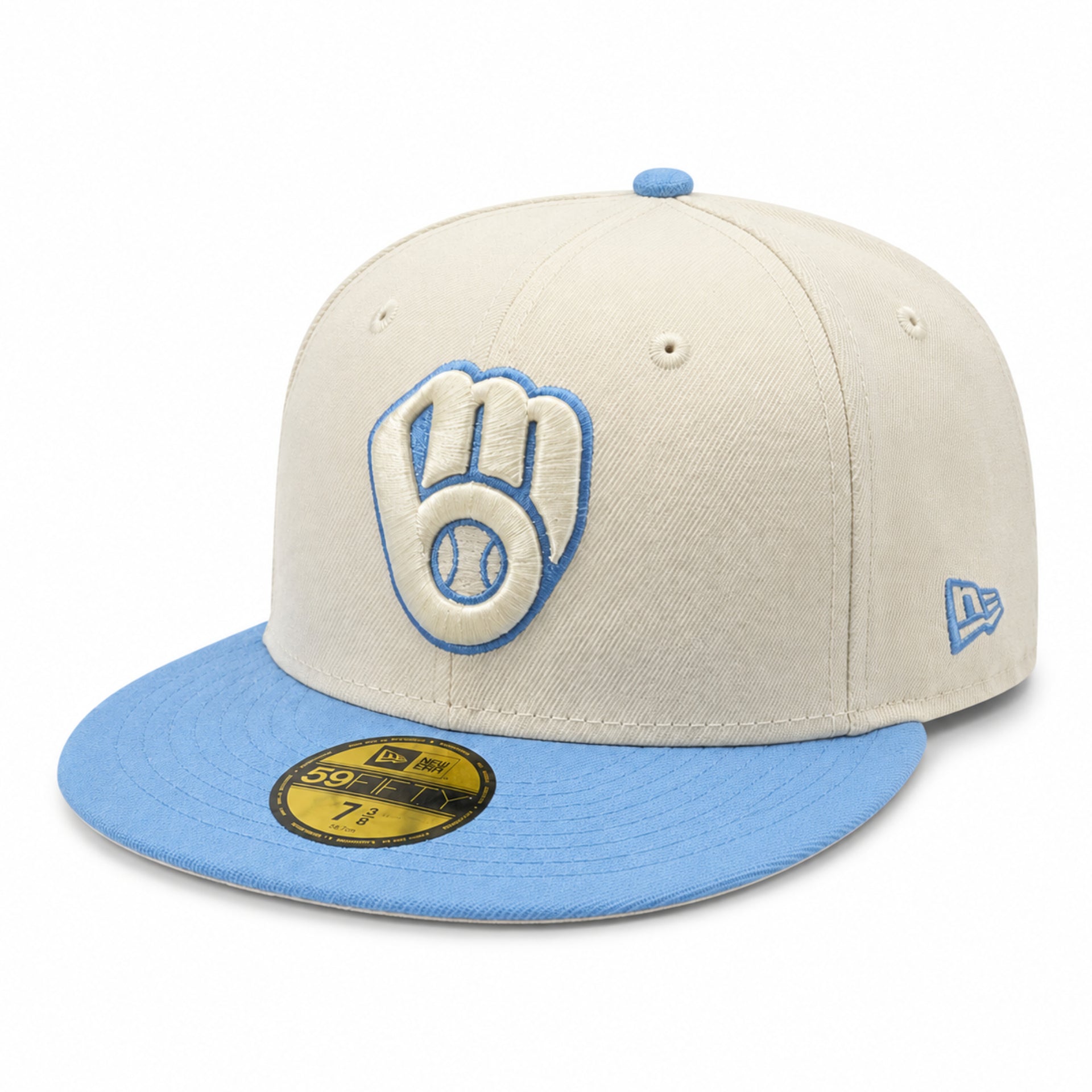 New Era Milwaukee Brewers Stone/Light Blue 59FIFTY Fitted Hat front angle view