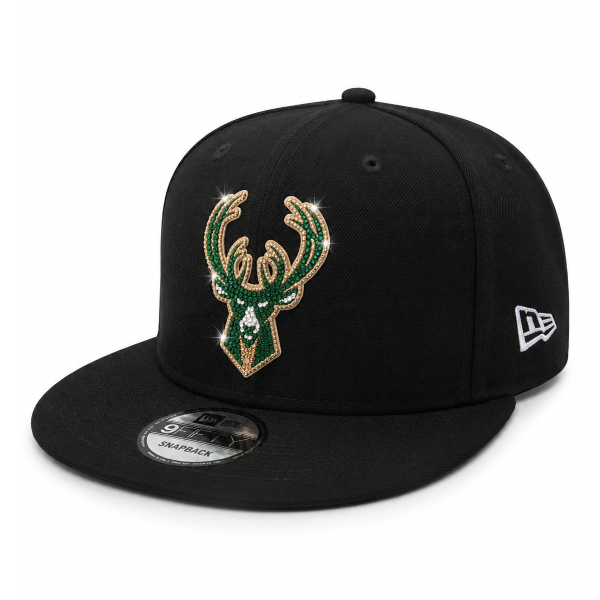 New Era Milwaukee Bucks Rhinestone Black 9FIFTY Snapback Hat angle view