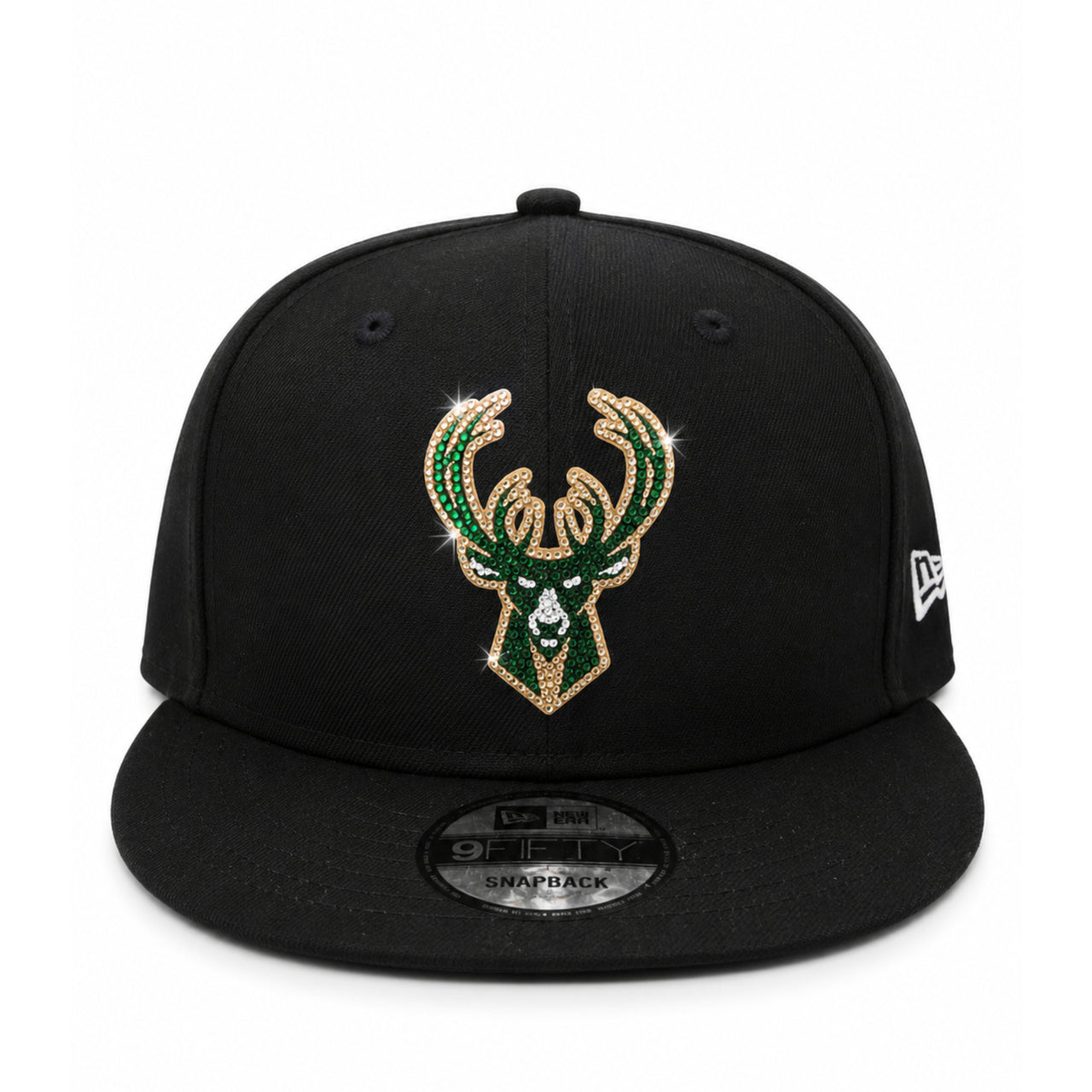 New Era Milwaukee Bucks Rhinestone Black 9FIFTY Snapback Hat front view