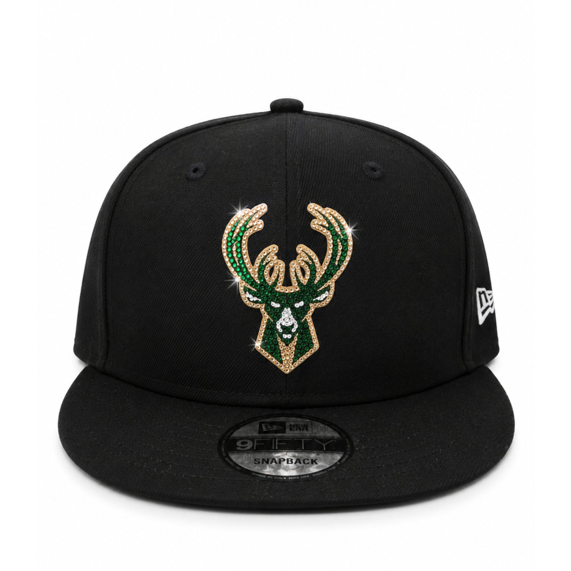 New Era Milwaukee Bucks Rhinestone Black 9FIFTY Snapback Hat front view