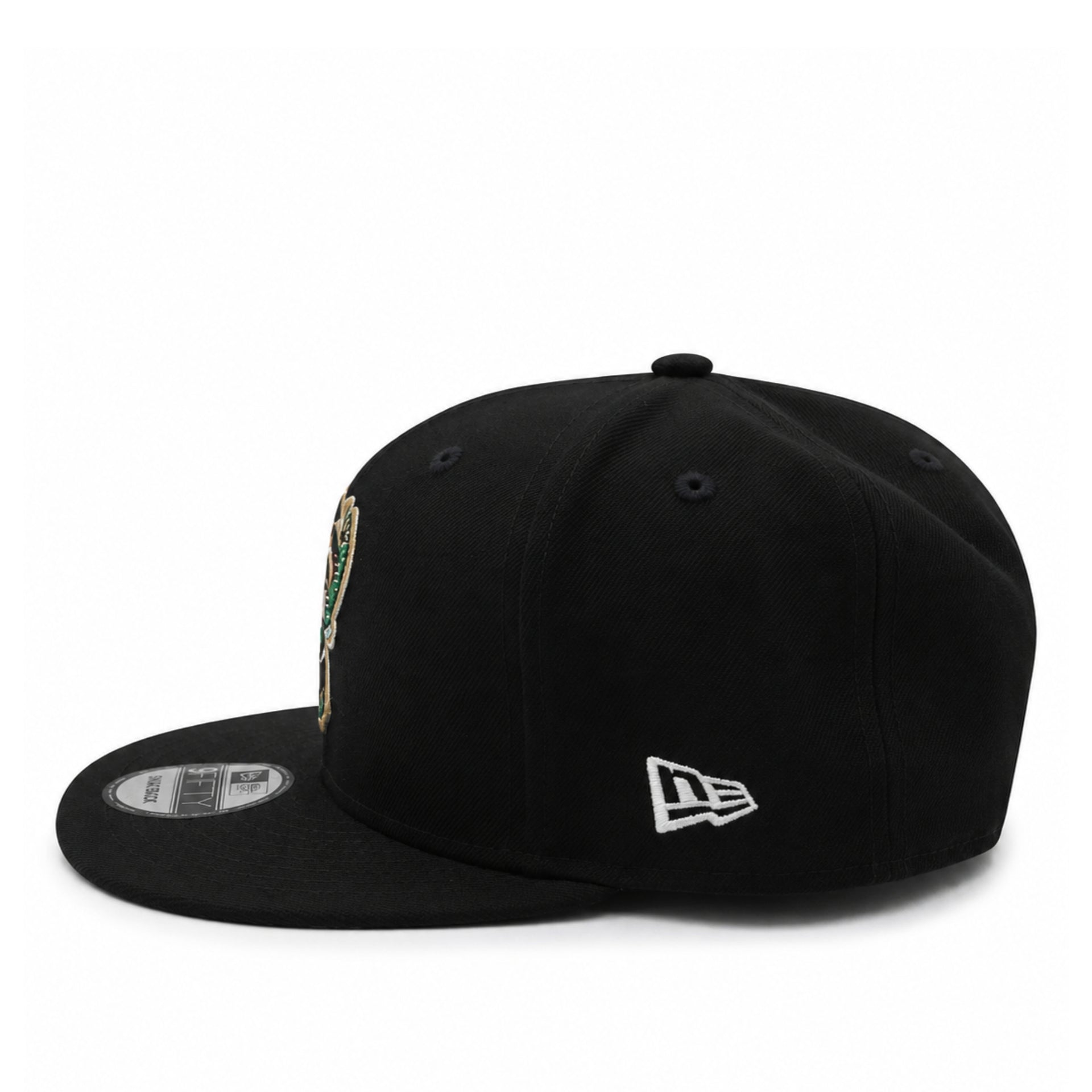 New Era Milwaukee Bucks Rhinestone Black 9FIFTY Snapback Hat side view