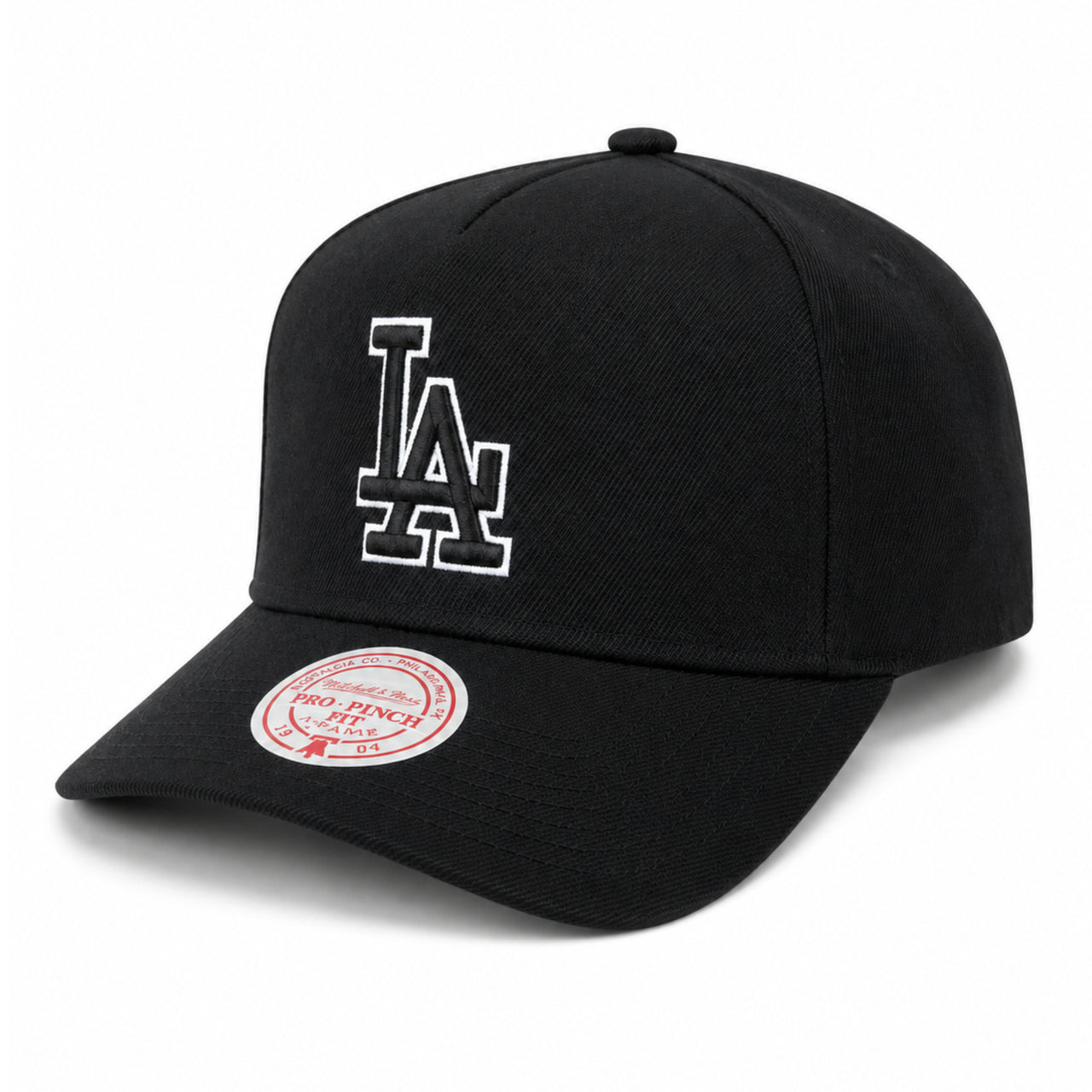Los Angeles Dodgers Black White Outlined A Frame Snapback Hat front left angle view