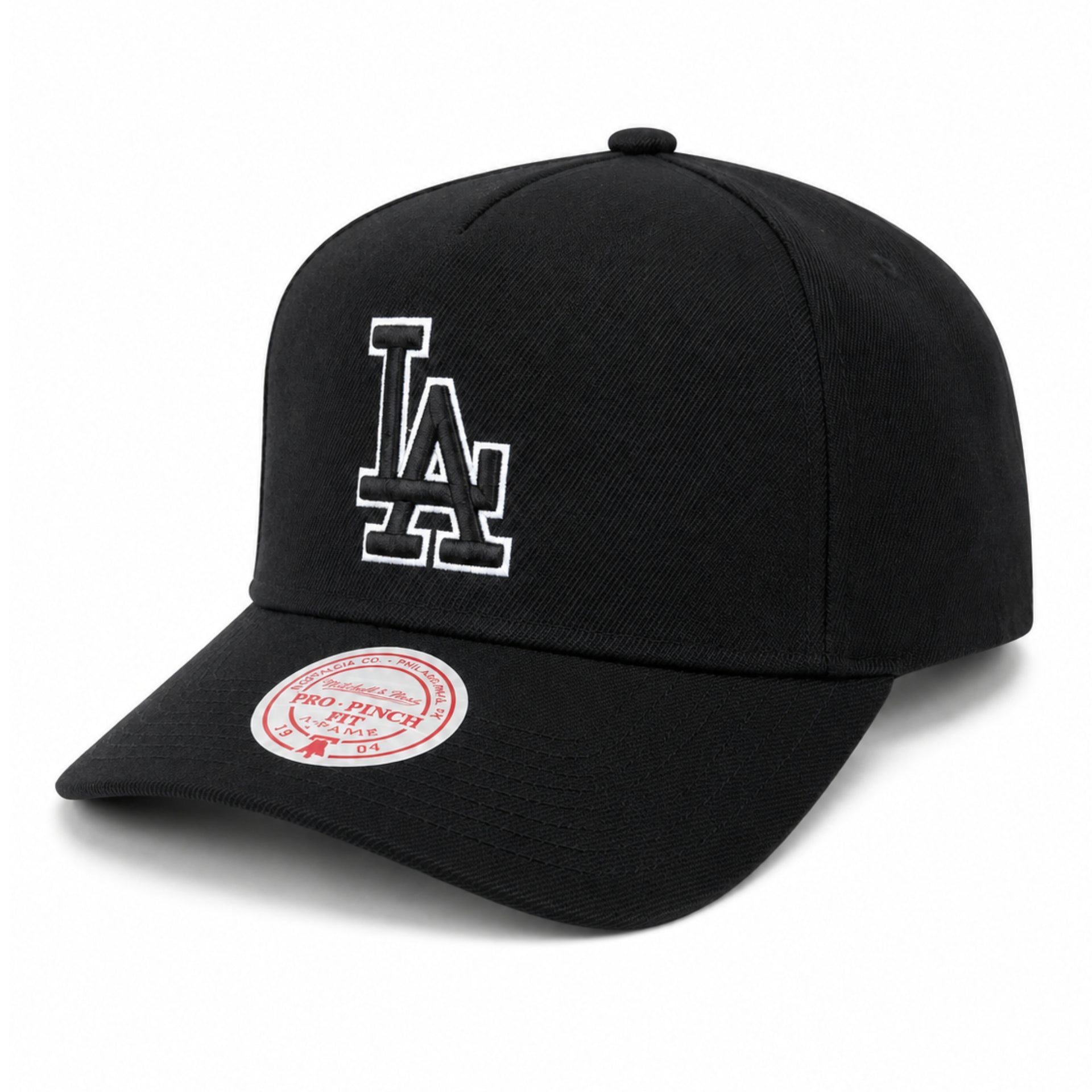 Los Angeles Dodgers Black White Outlined A Frame Snapback Hat front left angle view