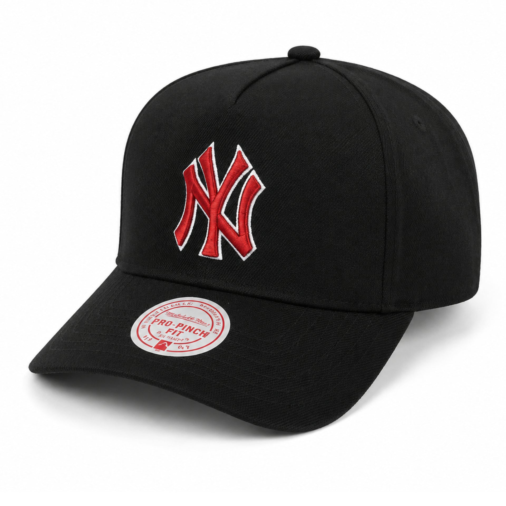 New York Yankees Black Red A Frame Snapback Hat front angle view