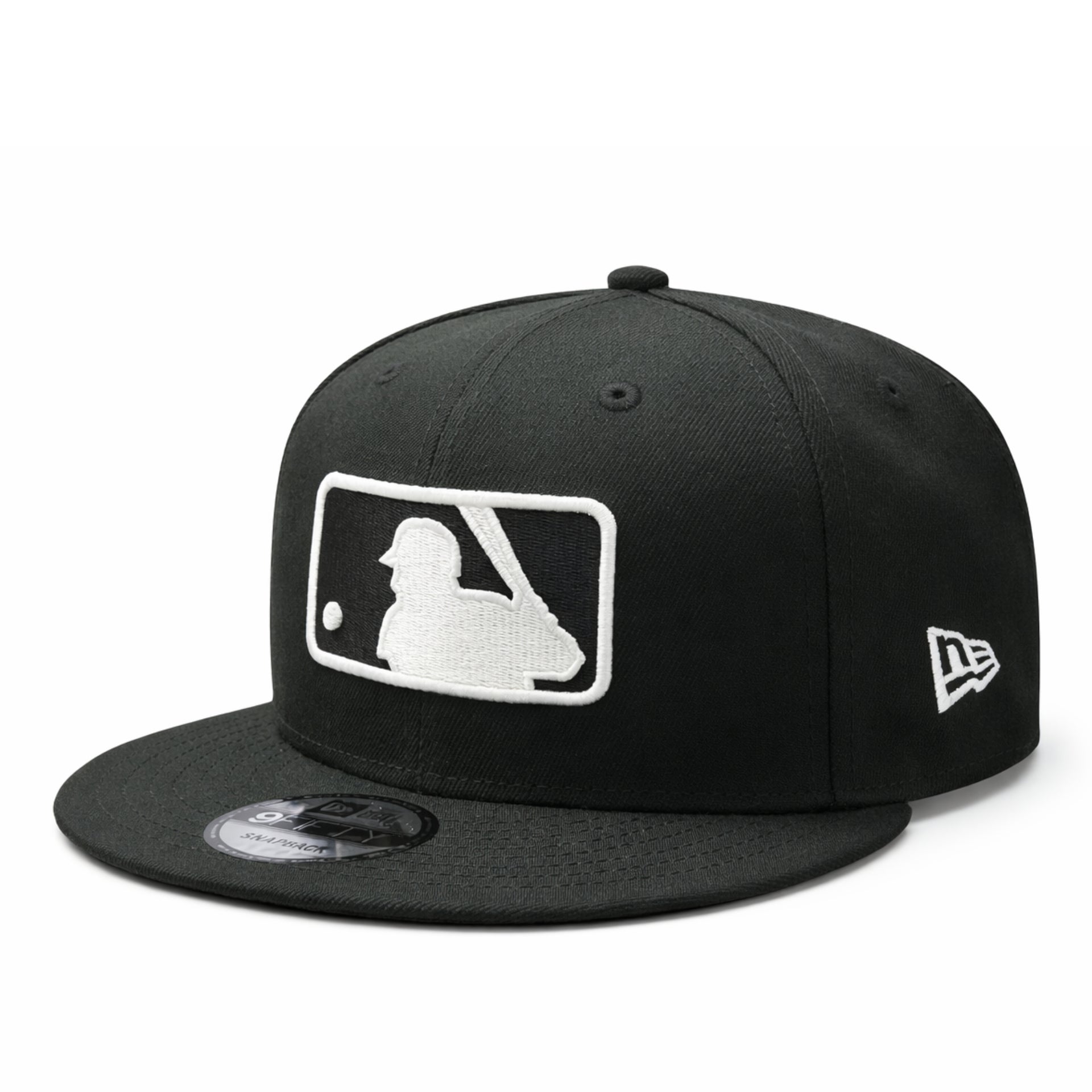 Black baseball cap with white mlb umpire batterman logo on a white background