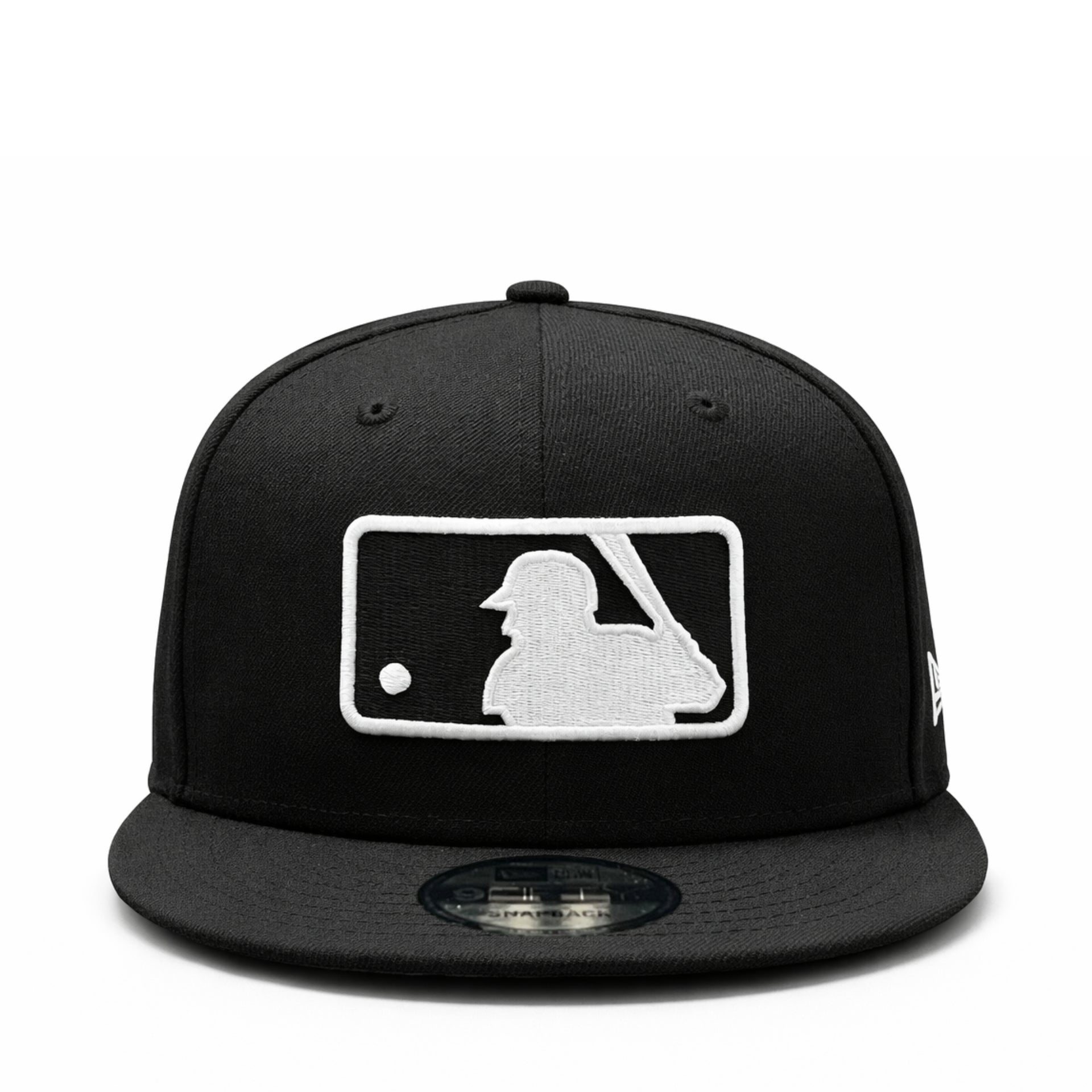 Black cap with white logo featuring a silhouette of a baseball player and bat on a white background