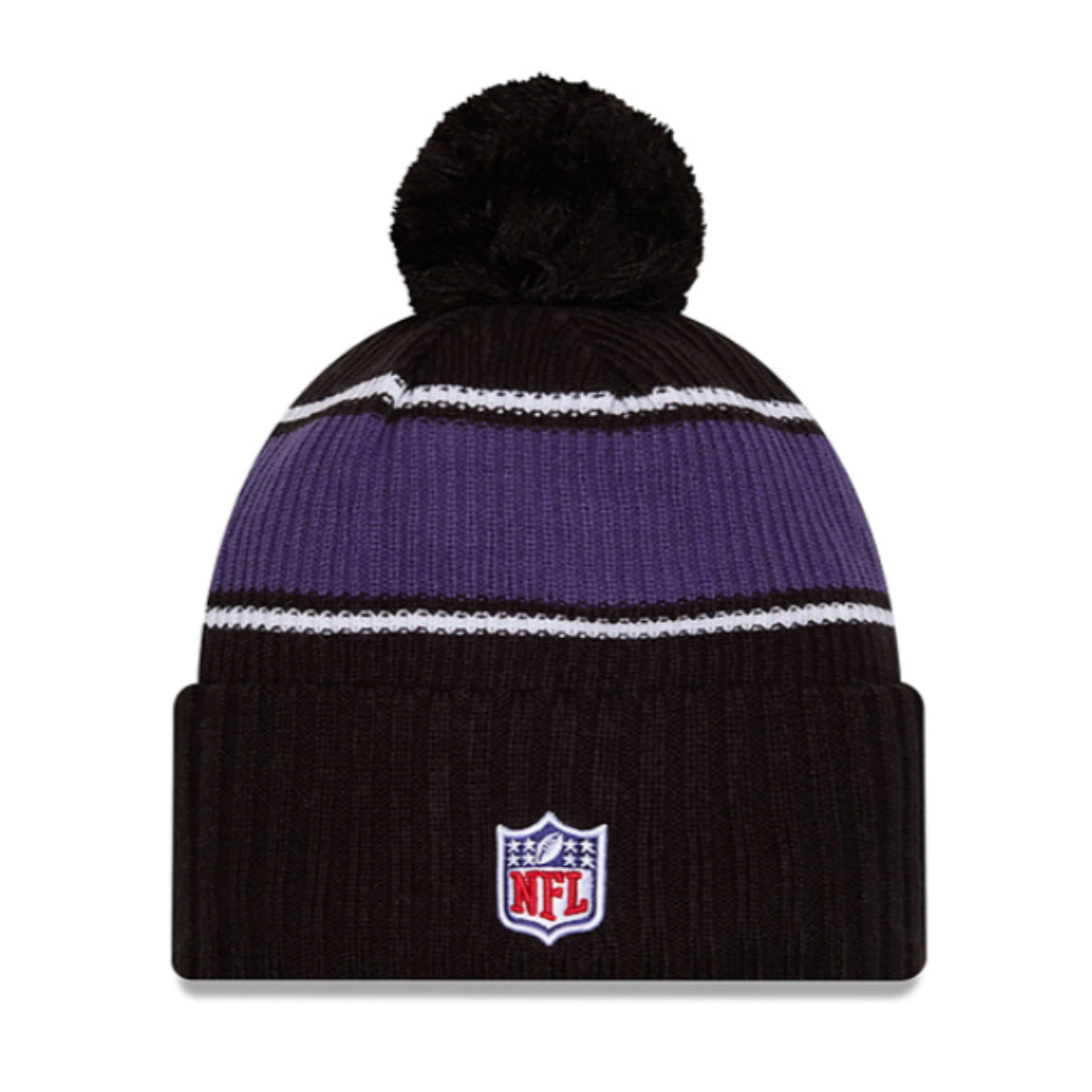 Back of New Era Baltimore Ravens 2024 Sideline Black Cuffed Pom Knit Beanie