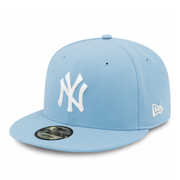 Sky blue New Era New York Yankees 9FIFTY snapback hat with white NY logo, front view on white background