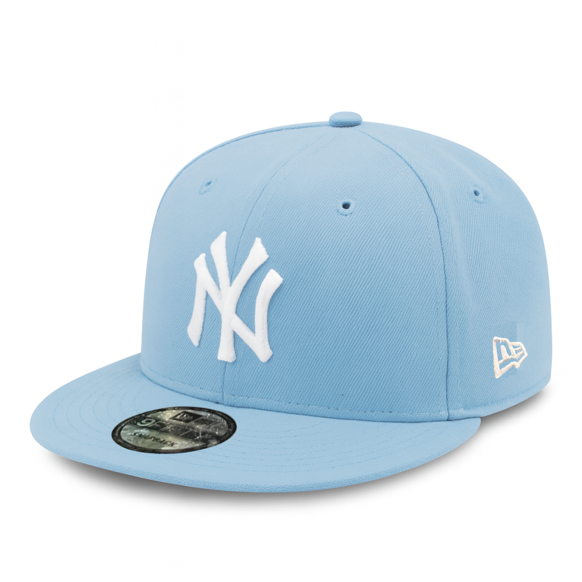 Sky blue New Era New York Yankees 9FIFTY snapback hat with white NY logo, front view on white background