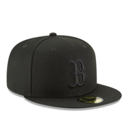 Front Side view of New Era 59FIFTY fitted hat Boston Red Sox black on black cap with black logo