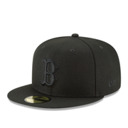 Front view of New Era 59FIFTY fitted hat Boston Red Sox black on black cap with black logo