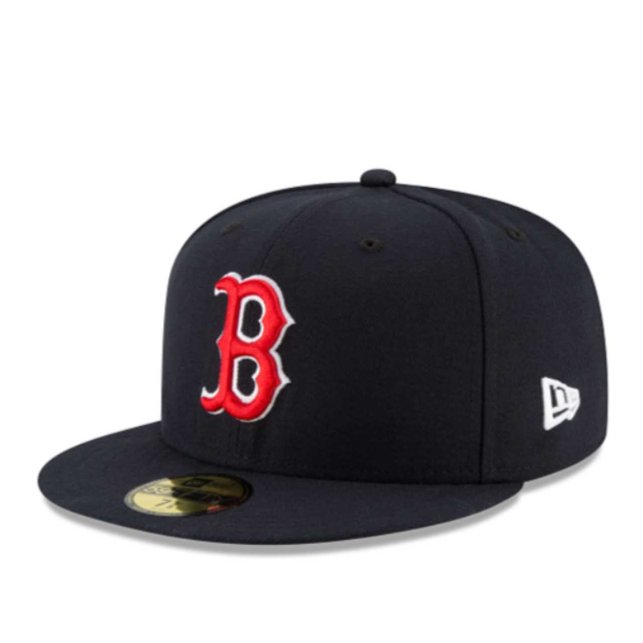 Front view of New Era Boston Red Sox 59FIFTY fitted hat from the On-Field Authentic Collection in navy with red logo