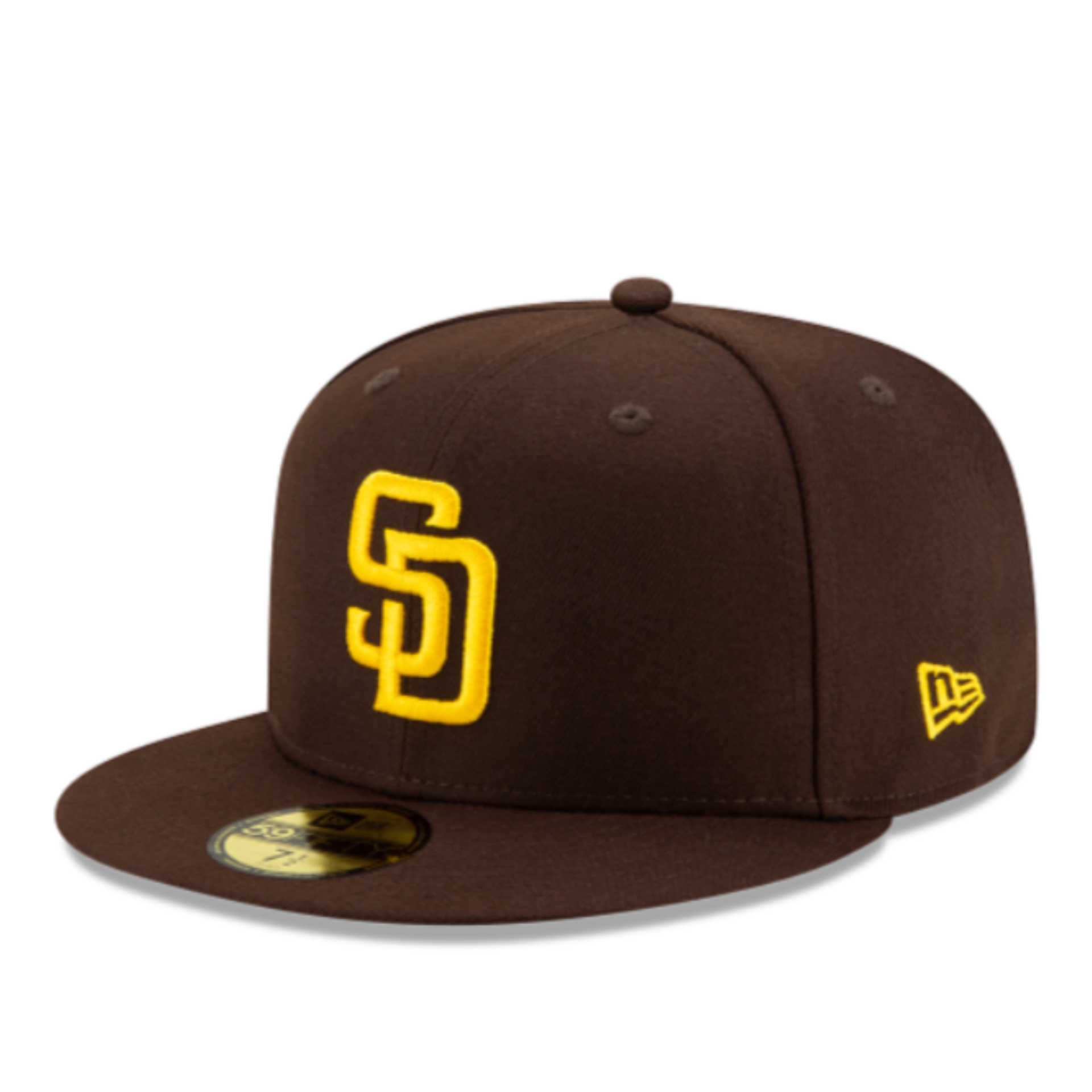 Front Angle view of New Era 59FIFTY fitted hat San Diego Padres brown cap with yellow gold logo