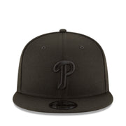 New Era Philadelphia Phillies Black on Black 9Fifty Snapback Hat front view
