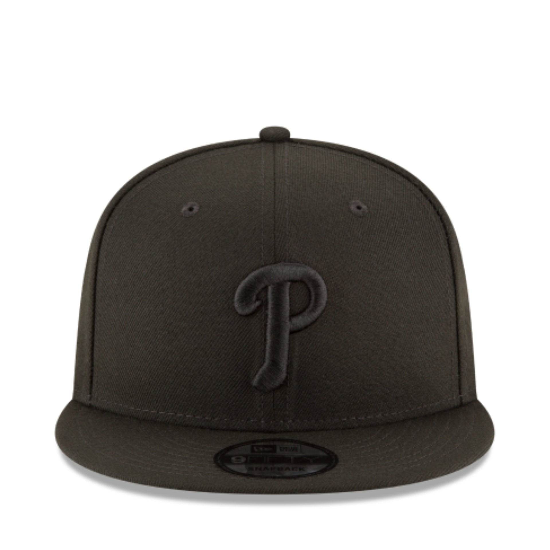 New Era Philadelphia Phillies Black on Black 9Fifty Snapback Hat front view