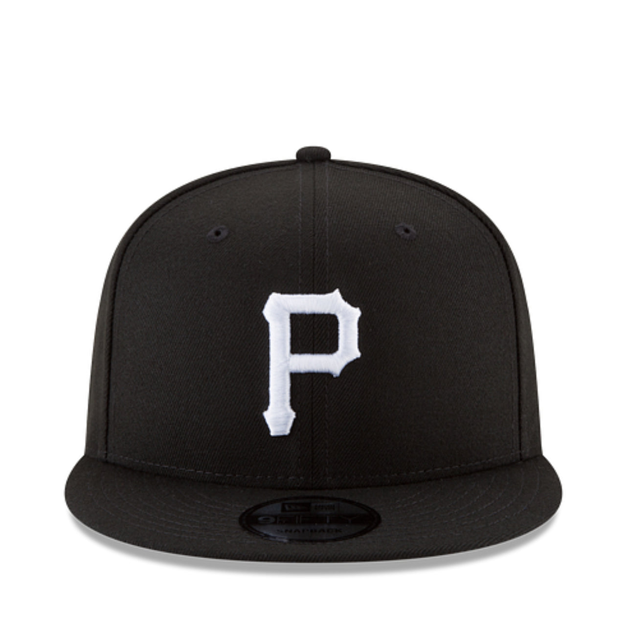 New Era Pittsburgh Pirates P Black White 9FIFTY Snapback Hat front view