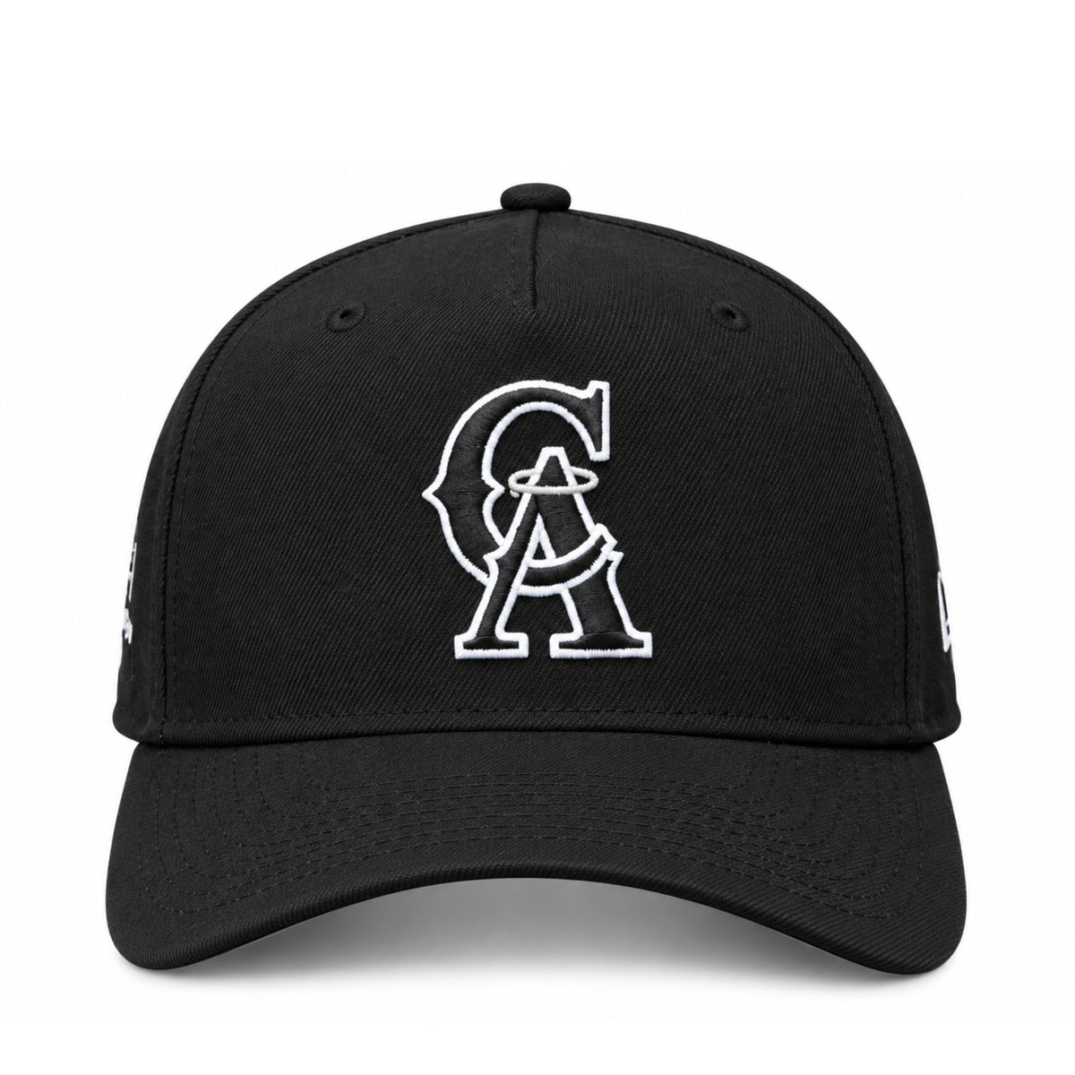 Front view of New Era Los Angeles Angels black 9FORTY A-Frame snapback featuring the classic CA logo with white embroidered outline