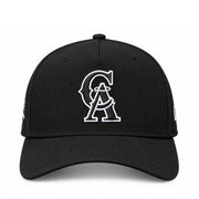 Front view of New Era Los Angeles Angels black 9FORTY A-Frame snapback featuring the classic CA logo with white embroidered outline
