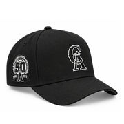New Era Los Angeles Angels California 50th Anniversary black 9FORTY A-Frame snapback hat with white outlined CA logo and commemorative side patch