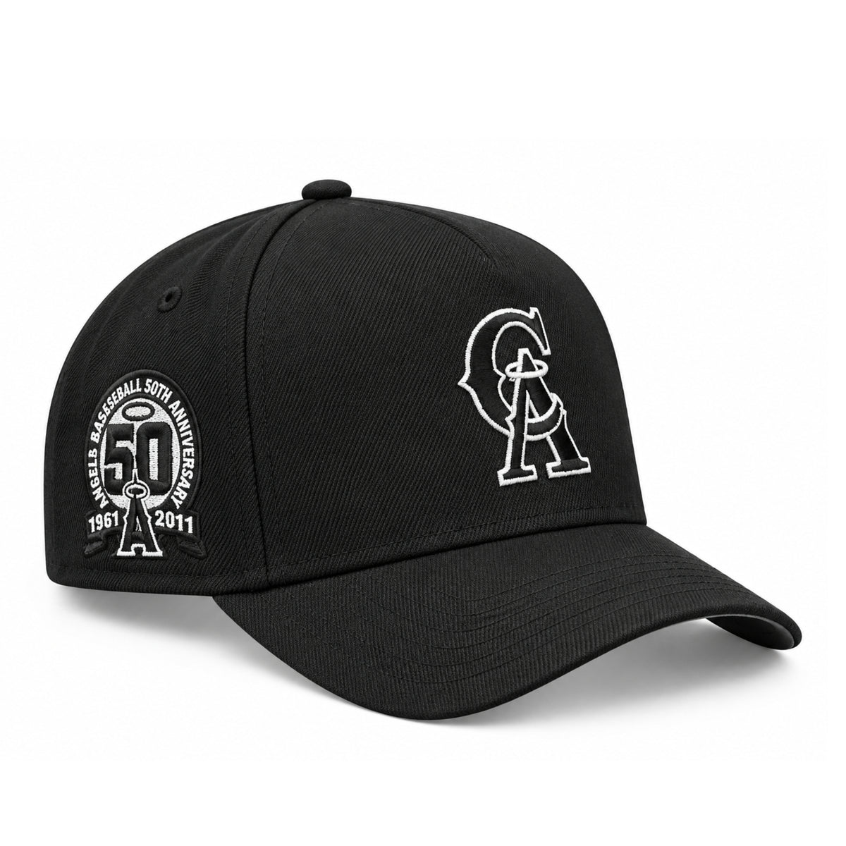 New Era Los Angeles Angels California 50th Anniversary black 9FORTY A-Frame snapback hat with white outlined CA logo and commemorative side patch