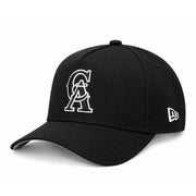 Opposite angle of New Era Los Angeles Angels black 9FORTY A-Frame snapback showing the white New Era flag and curved visor
